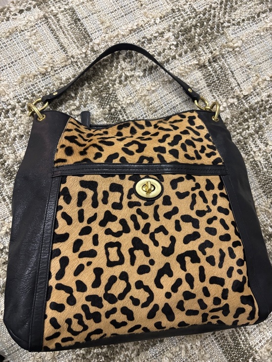 Coach Leopard Calf Hair Leather Turnlock One Shoulder Tote Bag